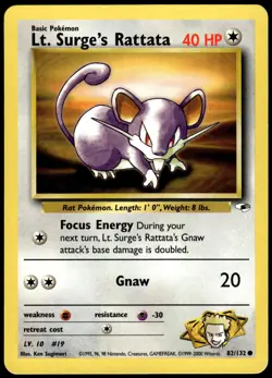 Lt. Surge's Rattata 82/132 Common Gym Heroes Pokemon Unlimited LP - Image 1