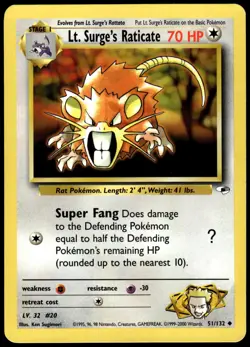 Lt. Surge's Raticate 51/132 Uncommon Gym Heroes Pokemon Unlimited MP - Image 1