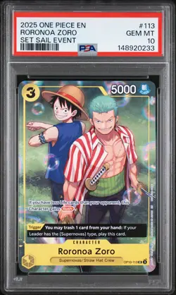 2025 ONE PIECE PROMOS SET SAIL EVENT #113 RORONOA ZORO PSA 10 - Image 1