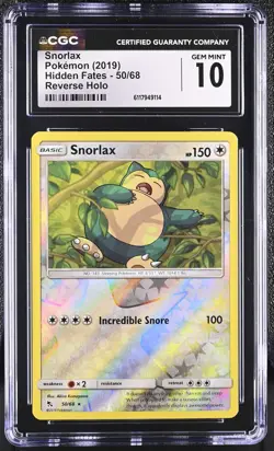 CGC 10 GEM MINT Snorlax 2019 Hidden Fates 50/68 Reverse Holo Pokemon Card - Image 1