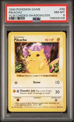 1999 POKEMON GAME #58 PIKACHU YELLOW CHEEKS SHADOWLESS *PSA 8 NEAR MT-MINT* - Image 1