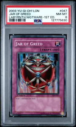 2003 YU-GI-OH! LON-LABYRINTH OF NIGHTMARE 1ST ED #047 JAR OF GREED PSA 8 - Image 1
