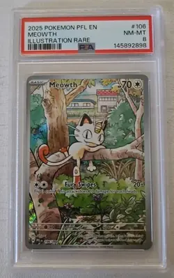 2025 Pokemon Pfl En-Phantasmal Flames #106 Meowth Illustration Rare PSA 8 - Image 1