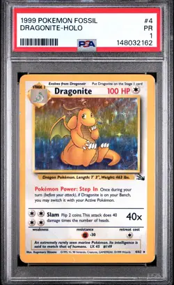 1999 POKEMON FOSSIL #4 DRAGONITE-HOLO PSA 1 - Image 1