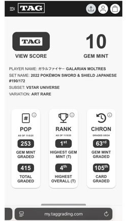 #1 TAG Gem Mint 10 Galarian Moltres Pokemon Card on Earth, verified by TAG AI - Image 3