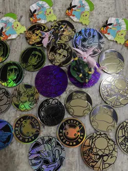 25 Pokemon Coins Lot PLUS Prismatic Figure & Pins! Offical TCG Coin Collection🍀 - Image 3