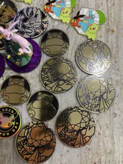 25 Pokemon Coins Lot PLUS Prismatic Figure & Pins! Offical TCG Coin Collection🍀 - Image 4