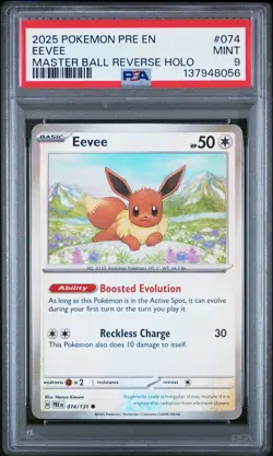 2025 POKEMON PRE EN-PRISMATIC EVOLUTIONS MASTER BALL REVERSE HOLO EEVEE PSA 9 - Image 1