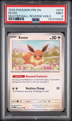 2025 POKEMON PRE EN-PRISMATIC EVOLUTIONS MASTER BALL REVERSE HOLO EEVEE PSA 9 - Image 1