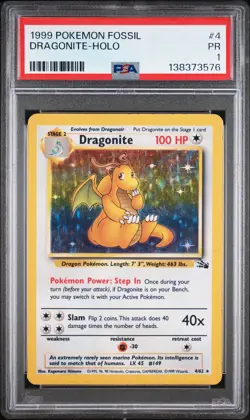 1999 POKEMON FOSSIL #4 DRAGONITE-HOLO PSA 1 - Image 1