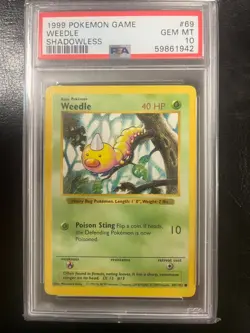 Base Set SHADOWLESS WEEDLE #69/102 PSA 10 GEM MINT 1999 Pokemon Card Game WOTC - Image 1