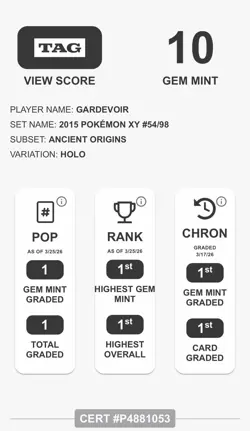 Pokemon Gardevoir 54/98 XY Ancient Origins Holo Rare TAG 10 Gem Mint - RANK #1 - Image 3