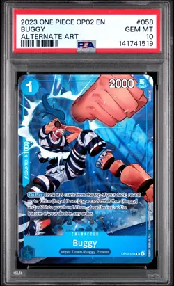 2023 ONE PIECE OP02-PARAMOUNT WAR ALTERNATE ART #058 BUGGY PSA 10 - Image 1