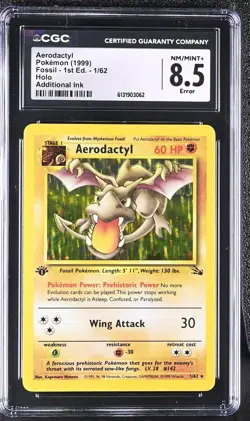 CGC 8.5 NM/MINT+ Aerodactyl 1/62 Fossil 1st Edition Holo Ink Error Pokemon Card - Image 1