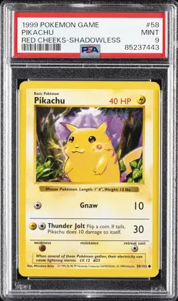 1999 POKEMON BASE SET SHADOWLESS RED CHEEKS #58 PIKACHU PSA 9 - Image 1
