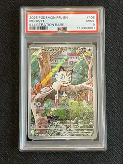 2025 Pokemon Pfl En-Phantasmal Flames #106 Meowth Illustration Rare PSA 9 🔥 - Image 1