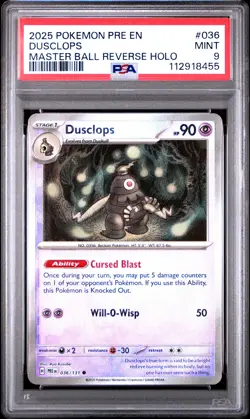 2025 POKEMON PRE EN-PRISMATIC EVOLUTIONS MASTER BALL REVERSE HOLO DUSCLOPS PSA 9 - Image 1