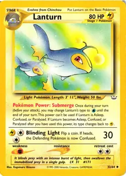 Pokemon TCG Lanturn Neo Revelation 32/64 Regular Unlimited Uncommon HP - Image 1