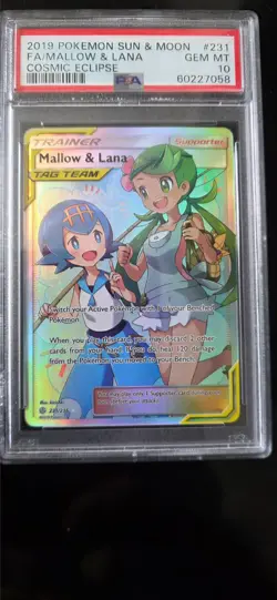 Mallow and Lana Full Art Pokemon Cosmic Eclipse Tag Team 231/236 PSA 10 - Image 1
