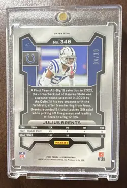 Panini 2023 Prizm Gold Prizm Rookie Julius Brents Indianapolis Colts #346 /10 - Image 2