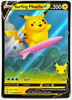 2021 Pokemon SURFING PIKACHU V 8/25 Celebrations Full Art NM Ultra Rare - Image 1