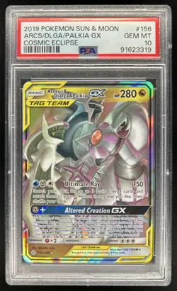 2019 Pokemon SM Cosmic Eclipse Arceus Dialga Palkia Tag Team #156/236 PSA 10 - Image 1