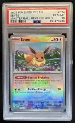 2025 Pokemon Prismatic Evolutions Eevee Reverse Holo Master Ball #074/131 PSA 10 - Image 1