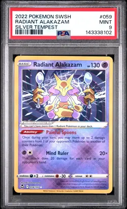 2022 POKEMON SWORD & SHIELD SILVER TEMPEST #059 RADIANT ALAKAZAM PSA 9 - Image 1