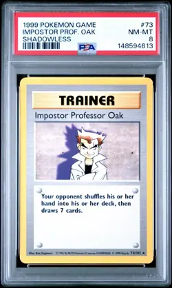 1999 Pokemon Game TRAINER IMPOSTOR PROFESSOR OAK SHADOWLESS 73/102 PSA 8 NM-MT - Image 1