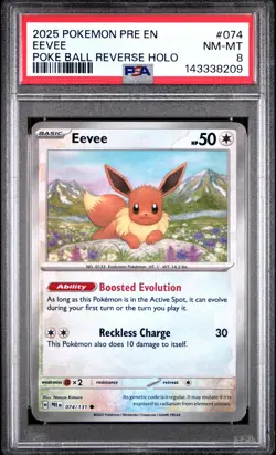 2025 POKEMON PRE EN-PRISMATIC EVOLUTIONS POKE BALL REVERSE HOLO #074 EEVEE PSA 8 - Image 1