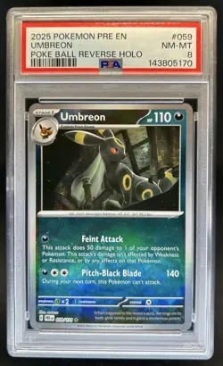 2025 Pokemon Prismatic Evolutions Umbreon Reverse Holo Poke Ball #059/131 PSA 8 - Image 1