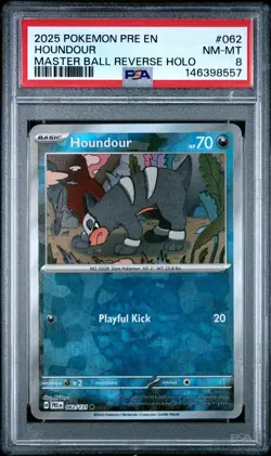 2025 POKEMON PRE EN-PRISMATIC EVOLUTIONS MASTER BALL REVERSE HOLO HOUNDOUR PSA 8 - Image 1