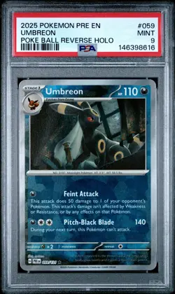2025 POKEMON PRE EN-PRISMATIC EVOLUTIONS POKE BALL REVERSE HOLO UMBREON PSA 9 - Image 1