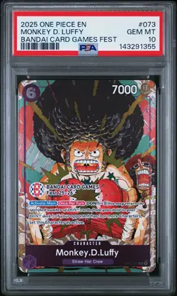 2025 ONE PIECE PROMOS BANDAI CARD GAMES FEST #073 MONKEY D. LUFFY PSA 10 - Image 1