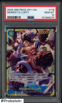 2025 One Piece OP11 EN #118 Monkey D Luffy PSA 10 GEM MINT - Image 1