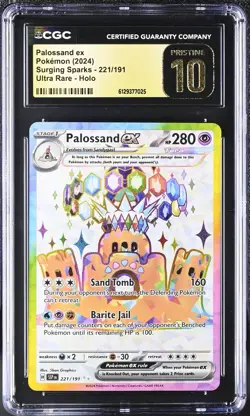 CGC 10 Pristine Palossand ex 221/191 Surging Sparks SSP Pokemon Card Pokemon - Image 1