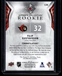 2021-22 UD Ultimate Collection Jersey Filip Gustavsson RC /699 #138 - Image 2