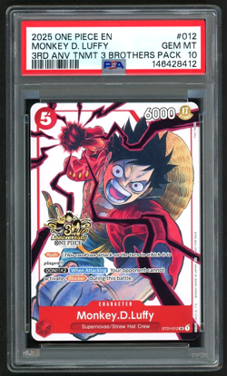 ONE PIECE MONKEY D. LUFFY 2025 3RD ANNIV TOURNAMENT 3 BROTHERS PACK #012 PSA 10 - Image 1