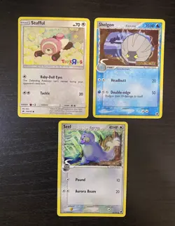 3 Vintage Pokemon Card Lot (Seel, Shelgon, Stufful) - Image 1