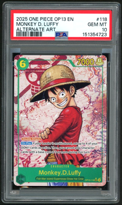 ONE PIECE MONKEY D. LUFFY 2025 OP13-CARRYING ON HIS WILL ALT ART #118 PSA 10 - Image 1