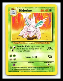 💥 NIDORINO Base Set 1999 Pokemon TCG Non Holo # 37/102 Vintage Card - Image 1