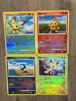 Pokemon BK Promo 4 Cards [Platinum Stamped] - Pichu + Chimchar + Piplup + Meowth - Image 1