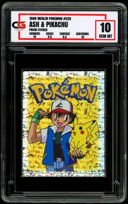 1999 Pokemon Topps Merlin SPECIAL GLITTER HOLO PRISM Sticker Pikachu Ash CG 10 - Image 1