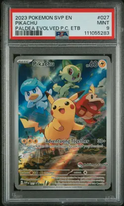 2023 POKEMON PALDEA EVOLVED POKEMON CENTER ETB PROMO SVP #027 PIKACHU PSA 9 - Image 1