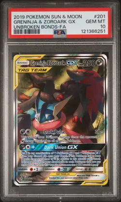 2019 POKEMON SUN & MOON UNBROKEN BONDS FULL ART/GRENINJA & ZOROARK GX PSA 10 - Image 1