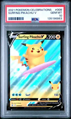 2021 POKEMON CELEBRATIONS #008 SURFING PIKACHU V PSA 10 - Image 1