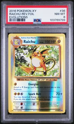 2016 POKEMON XY EVOLUTIONS #36 RAICHU-REVERSE FOIL PSA 8 - Image 1