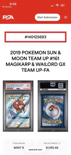 2019 Pokemon Team Up Magikarp & Wailord Gx Tag Team #161 PSA 9 - Image 5