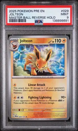 2025 Jolteon 029/131 Prismatic Evolutions Master Ball Reverse Holo Pokemon PSA 9 - Image 1