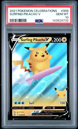 2021 Pokemon Celebrations Surfing Pikachu V #008 PSA 10 - Image 1